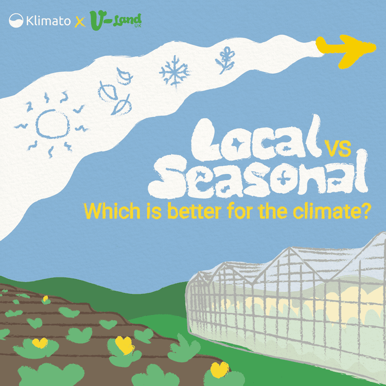 Multicoloured graphic with a yellow plane with an exhaust trail flying above a greenhouse and a field of cabbages, the text says klimato x v-landuk local vs seasonal which is better for the climate?