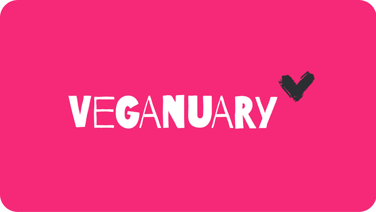 veganuary logo in white on a pink background