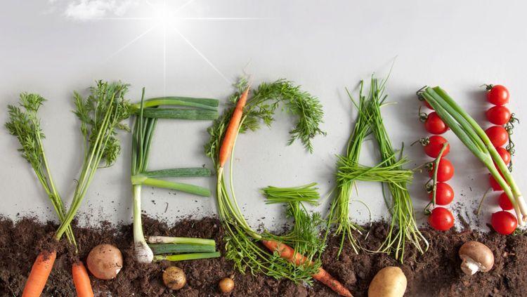  the word vegan spelled out in vegetables and soil