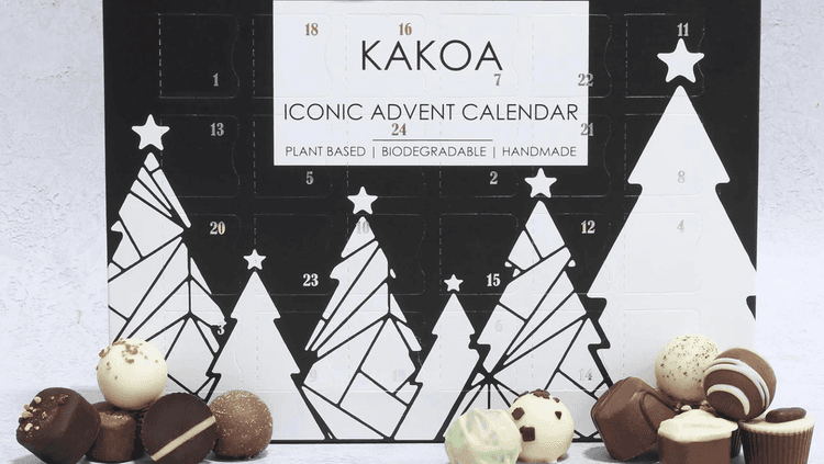  Kakoa’s iconic vegan advent calendar with their luxurious chocolates in front of it
