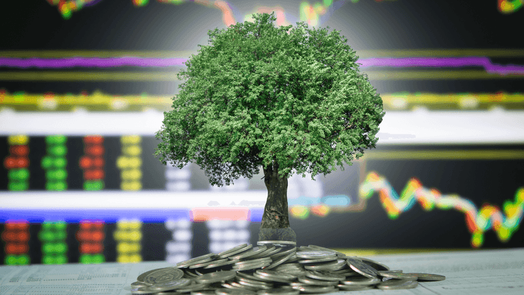 pile of coins with a ‘money tree’ growing out of the middle set over a background of digital vegan stock prices and fluctuations