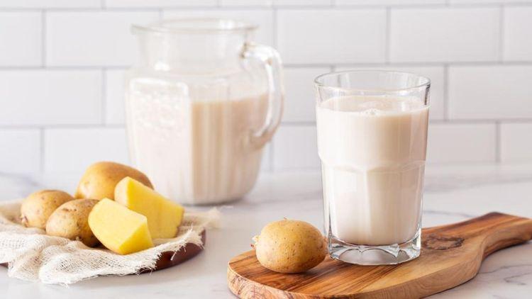 Glasses of vegan milk alternatives such as potato milk