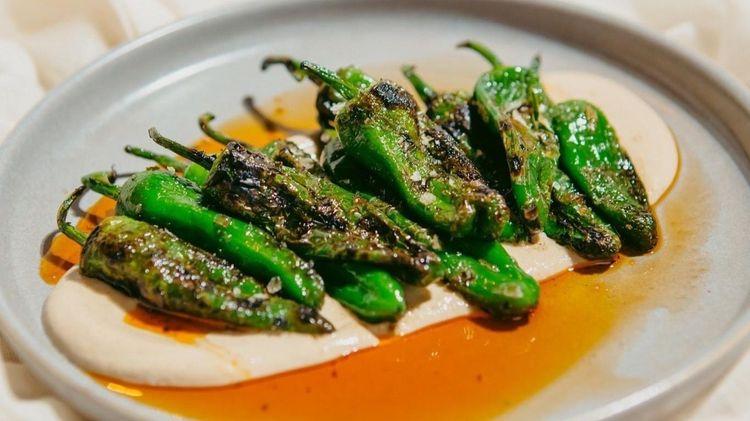 Charred padron peppers on a grey plate with a creamy white and orange sauce below it 