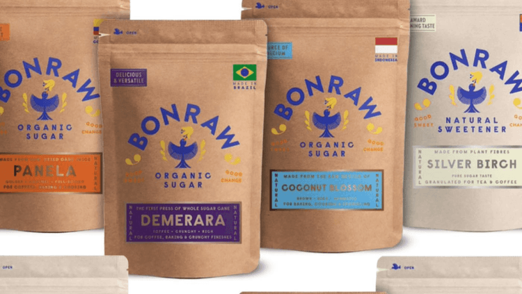 Brown packs of Bonraw sugar and natural sweetener