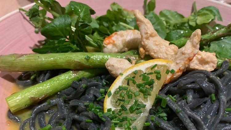 Pastan Bristol’s colourful vegan pasta dish with asparagus, watercress, ‘vegan shrimp’ and charcoal-infused tagliolini 