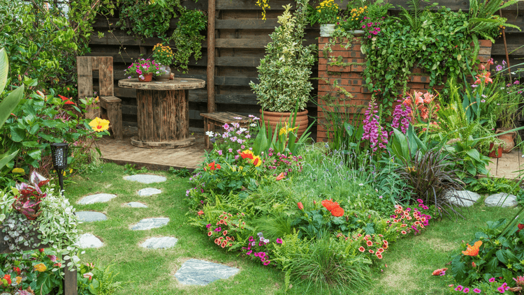 Garden bursting with a variety of different coloured plants and flowers 