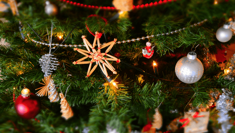 Close-up of Christmas decorations hanging on Christmas tree